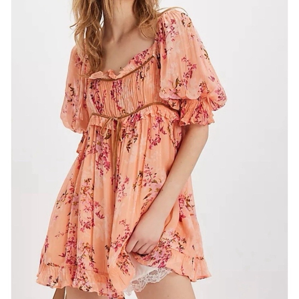 Free People Marney Mini Babydoll Dress Floral Puff Sleeve Velvet Ribbon NWOT XS